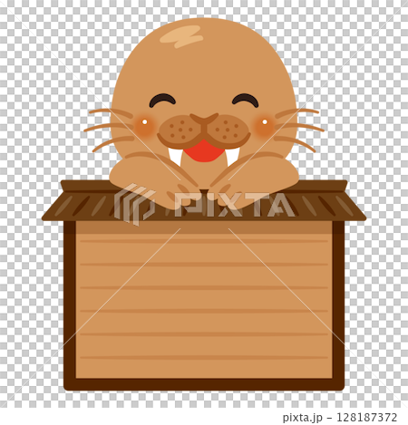 木製看板に乗った笑顔のセイウチのキャラクターイラスト 128187372