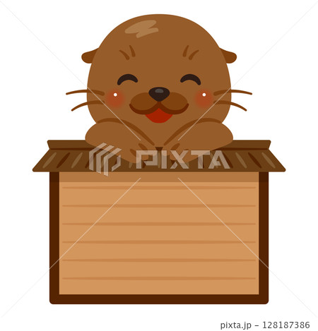 木製看板に乗った笑顔のアシカのキャラクターイラスト 木製看板に乗った笑顔のアシカのキャラクターイラスト 128187386