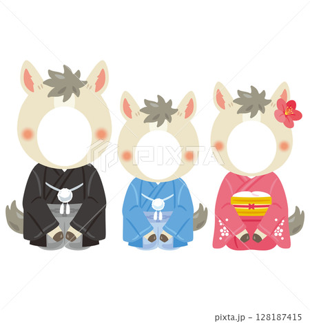 晴れ姿の午年のキャラクター　家族　フォトフレーム 128187415