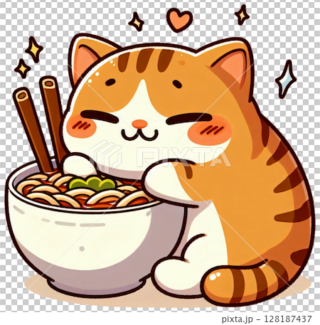 A cat sits next to a bowl of noodles, enduring its hunger. 128187437