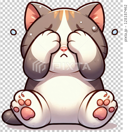 A cat covering its face with paws, scared expression 128187462