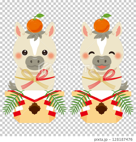 A horse year character dressed as a kagami mochi 128187476