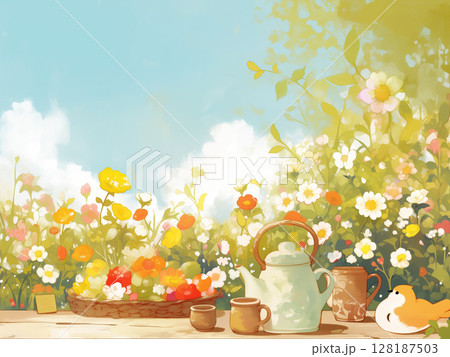 春のティータイムと青空の風景　かわいい手描きイラスト 128187503