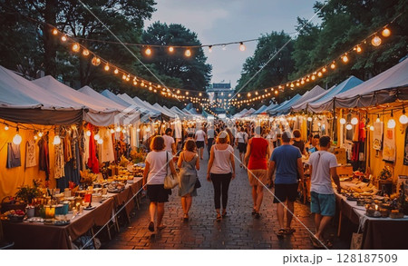 Group of people walk down a street lined with tents and tables. The atmosphere is lively and bustling, with people browsing and shopping 128187509