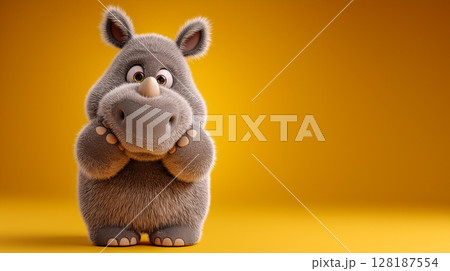 Cute rhino stands happily against a bright yellow background 128187554