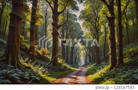Forest with a dirt road running through it. The road is surrounded by trees and the sunlight is shining through the leaves Forest with a dirt road running through it. The road is surrounded by trees and the sunlight is shining through the leaves 128187585