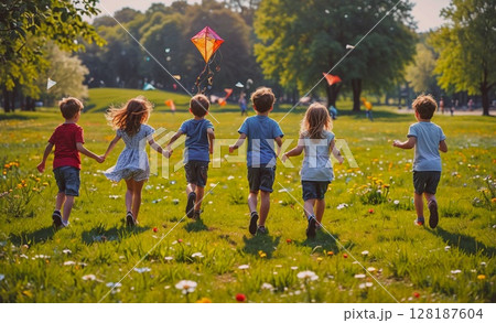 Group of children are running in a field with a kite flying in the sky. Scene is joyful and carefree, as the children are enjoying their time outdoors and playing together 128187604