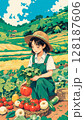 オーガニック畑の風景イラスト無農薬野菜の収穫シーン・女性農家・自然農法 128187606