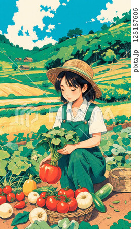 オーガニック畑の風景イラスト無農薬野菜の収穫シーン・女性農家・自然農法 128187606