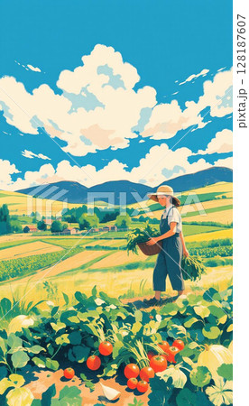 オーガニック畑の風景イラスト無農薬野菜の収穫シーン・女性農家・自然農法 128187607