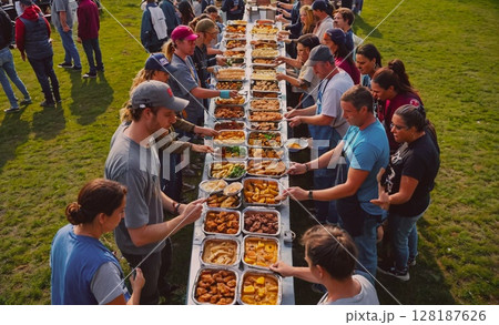 Group of people are gathered around a long table with a variety of food. Scene is festive and social, as everyone is enjoying the food and each other's company 128187626