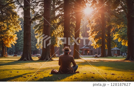 Man is sitting in a grassy field with trees in the background. The sun is shining brightly, creating a warm and peaceful atmosphere 128187627