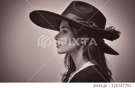 Woman wearing a black hat and a black dress. She is looking at the camera. The photo is in black and white 128187702