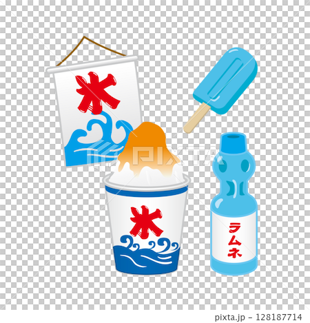 かき氷とラムネとアイスキャンディー　イラスト 128187714