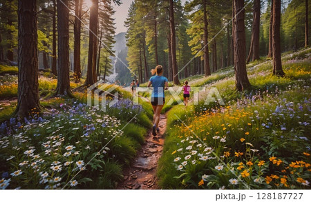Group of people are running through a forest with wildflowers. Scene is peaceful and serene, as the runners are surrounded by nature and the beauty of the flowers Group of people are running through a forest with wildflowers. Scene is peaceful and serene, as the runners are surrounded by nature and the beauty of the flowers 128187727