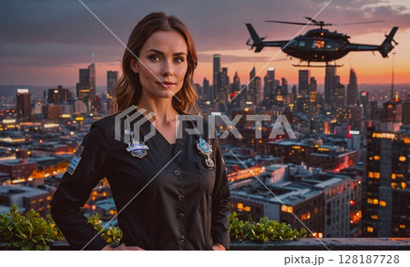 Woman stands on a rooftop in front of a city skyline with a helicopter flying in the background Woman stands on a rooftop in front of a city skyline with a helicopter flying in the background 128187728