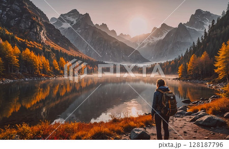 Woman stands on a path near a lake, wearing a backpack. The sun is setting behind the mountains, casting a warm glow over the scene. The woman is enjoying the peacefulness of the natural setting Woman stands on a path near a lake, wearing a backpack. The sun is setting behind the mountains, casting a warm glow over the scene. The woman is enjoying the peacefulness of the natural setting 128187796