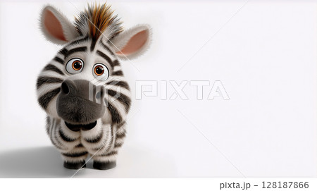 Cute zebra with large eyes and soft fur on a plain white background 128187866