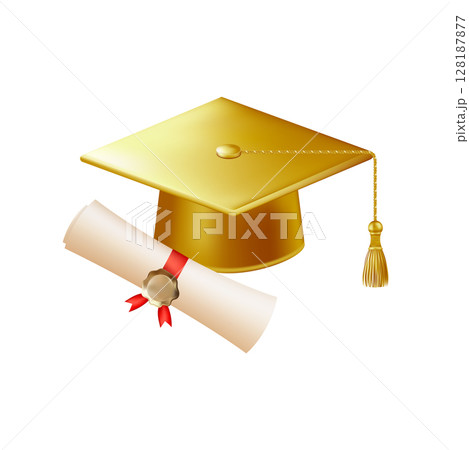 3d diploma scroll with graduate hat. Vintage roll paper 128187877