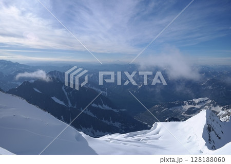 Tranquil Lake With Lush Green Forest, Snow-Capped Mountain, Blue Sky And White Clouds 128188060