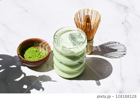 Iced Matcha Refreshment. Refreshing iced matcha drinks with a bamboo whisk and matcha powder Iced Matcha Refreshment. Refreshing iced matcha drinks with a bamboo whisk and matcha powder 128188128