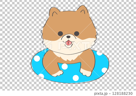 一幅可愛的手繪插圖，畫的是一隻博美犬漂浮在游泳圈上 128188230