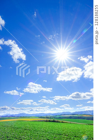 青空と太陽と爽やかな北海道美瑛町の風景 128188255