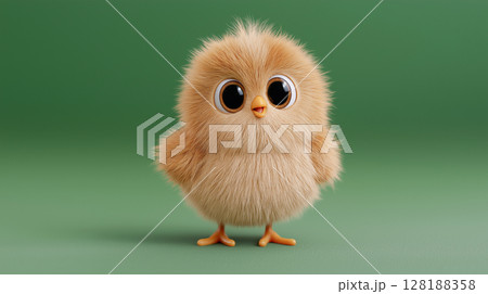 Cute fluffy chicken stands on a green background 128188358