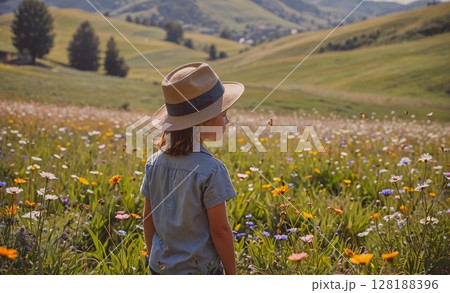 Young girl wearing a straw hat stands in a field of flowers. The field is full of different colored flowers, including yellow, purple, and pink. The girl appears to be enjoying the beauty of the 128188396