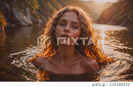 Woman is in the water with her hair wet. She is looking at the camera. The water is calm and the sun is shining on it 128188410
