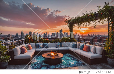 Large outdoor patio with a fire pit and a view of the city skyline. The patio is filled with comfortable seating and a variety of plants, creating a cozy and inviting atmosphere. The sunset in the 128188438