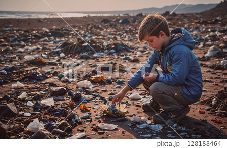 Boy is picking up trash on a beach. The beach is littered with garbage, and the boy is trying to clean it up. Concept of responsibility and care for the environment Boy is picking up trash on a beach. The beach is littered with garbage, and the boy is trying to clean it up. Concept of responsibility and care for the environment 128188464