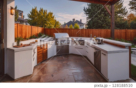 Large, modern kitchen with a grill and a sink. The kitchen is surrounded by a wooden fence and has a patio area with a grill and a toaster 128188510