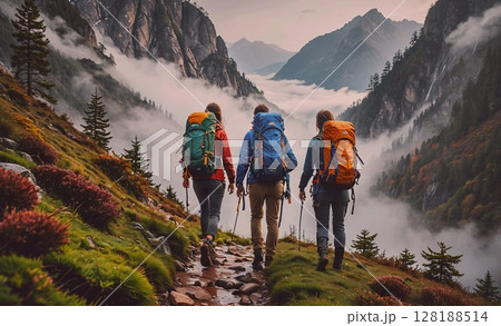 Three people are hiking up a mountain with backpacks. The mountain is covered in trees and has a misty, foggy atmosphere 128188514