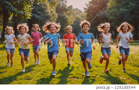 Group of children are running in a park. The children are wearing colorful shirts and shorts. Scene is happy and energetic 128188544
