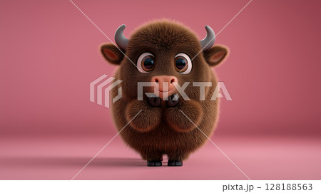 Cute buffalo with an adorable expression stands against a soft pink background 128188563