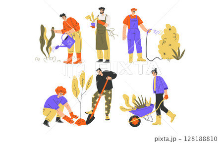 Engaging in Various Gardening Activities with Many Diverse Workers in a Flourishing Landscape 128188810