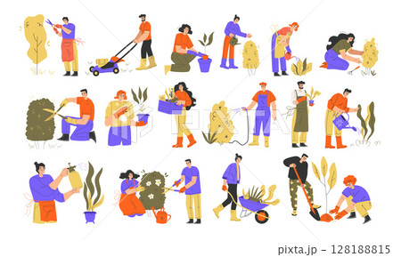 A group of diverse gardeners actively engaging in a variety of planting and gardening activities 128188815