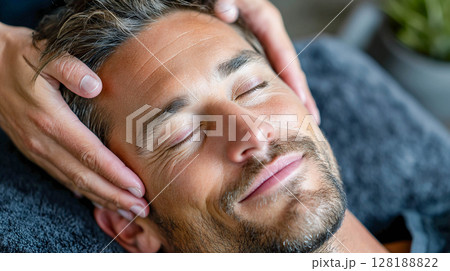 A man getting a relaxing facial massage. 128188822