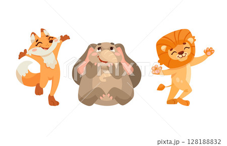 Playful Animal Characters A Fox, an Elephant, and a Lion Joyfully Dancing Together in Harmony Playful Animal Characters A Fox, an Elephant, and a Lion Joyfully Dancing Together in Harmony 128188832