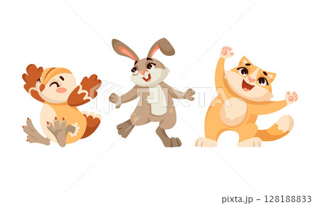 Adorable Cartoon Animal Characters Joyfully Dancing Together in a Colorful Celebration Adorable Cartoon Animal Characters Joyfully Dancing Together in a Colorful Celebration 128188833