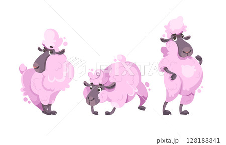 Delightfully Charming Cartoon Pink Sheep Characters in Whimsical and Playful Poses and Actions 128188841