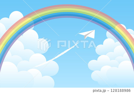 虹と空を飛ぶ紙飛行機 128188986