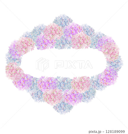 Oval frame of blue, pink and red hydrangeas. Isolated on a white background. 128189099