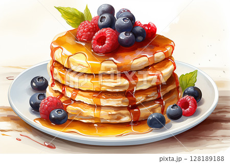 Watercolor pancakes with berries and syrup, featuring blueberries, raspberries, and butter on top. 128189188