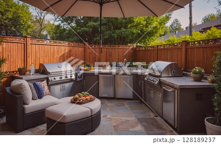 Patio with a grill and a large umbrella. The grill is surrounded by a wooden fence. There are several potted plants and a bowl of fruit on the patio Patio with a grill and a large umbrella. The grill is surrounded by a wooden fence. There are several potted plants and a bowl of fruit on the patio 128189237