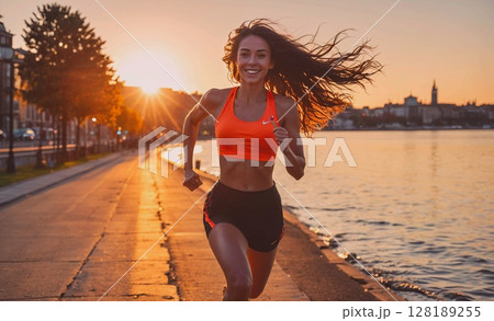 Woman runs on a path near a body of water. She is wearing an orange tank top and black shorts 128189255