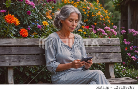 Woman is sitting on a bench in a garden, looking at her cell phone. The scene is peaceful and serene, with colorful flowers surrounding her. The woman is enjoying her time outdoors 128189265