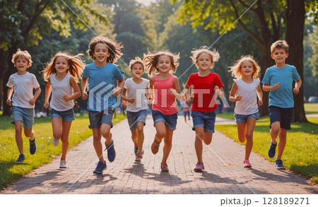 Group of children are running in a park. The children are wearing different colored shirts and shorts. Scene is energetic and playful Group of children are running in a park. The children are wearing different colored shirts and shorts. Scene is energetic and playful 128189271