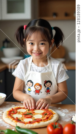 A cheerful child chef busy in the kitchen, preparing a tasty homemade pizza for dinner. A cheerful child chef busy in the kitchen, preparing a tasty homemade pizza for dinner. 128189389